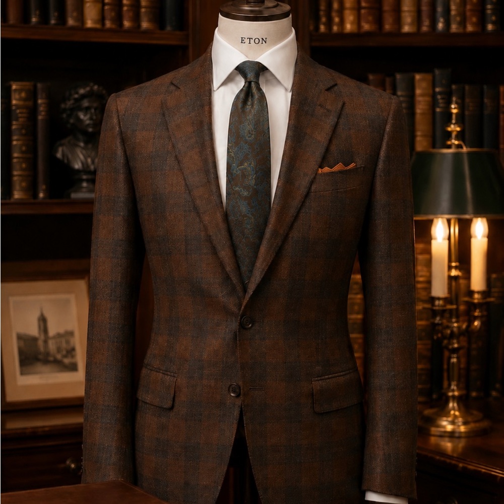Kiton Vicuña Brown Plaid Sport Coat with Blue/Green Grid + Petronius Silk Tie